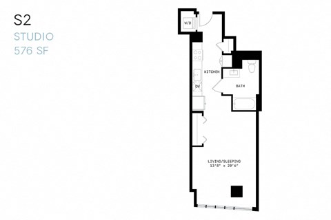 Floor plan for studio, 1 bath, 576 sqft